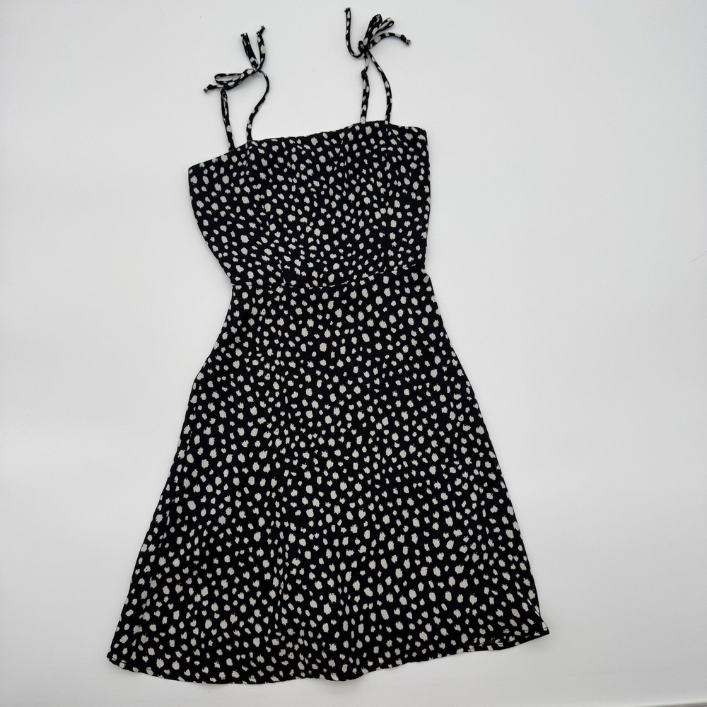 Walking On Sunshine Black White‎ Polka Dot Tie Strap Smocked Mini Dress Small